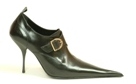 Stiletto buckle monk shoe with ultra-pointed toe. Black  leather. Leather lining, leather sole. Made in Italy exclusively for RoSa Shoes.